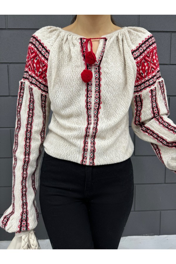 Tie-Neck Patterned Knitwear Sweater -Stone