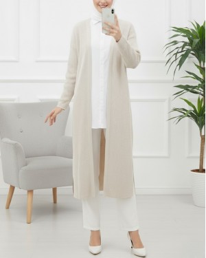 Long Knitted Cardigan with Side Slits -Stone
