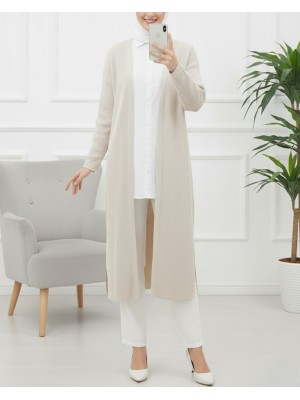 Yanları Yırtmaçlı Fitilli Uzun Triko Hırka -Taş