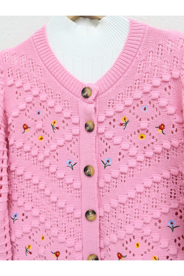 Floral Embroidered Pompom Openwork Knitted Cardigan -Pink