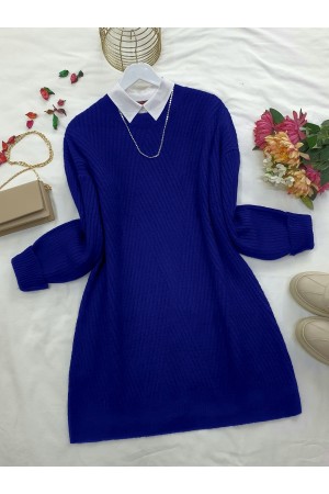 Bisiklet Yaka Baklava Desen Triko Kazak      -Saks