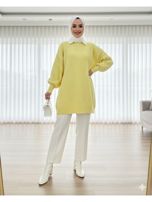 Bisiklet Yaka Baklava Desen Triko Kazak          -Açık Sarı