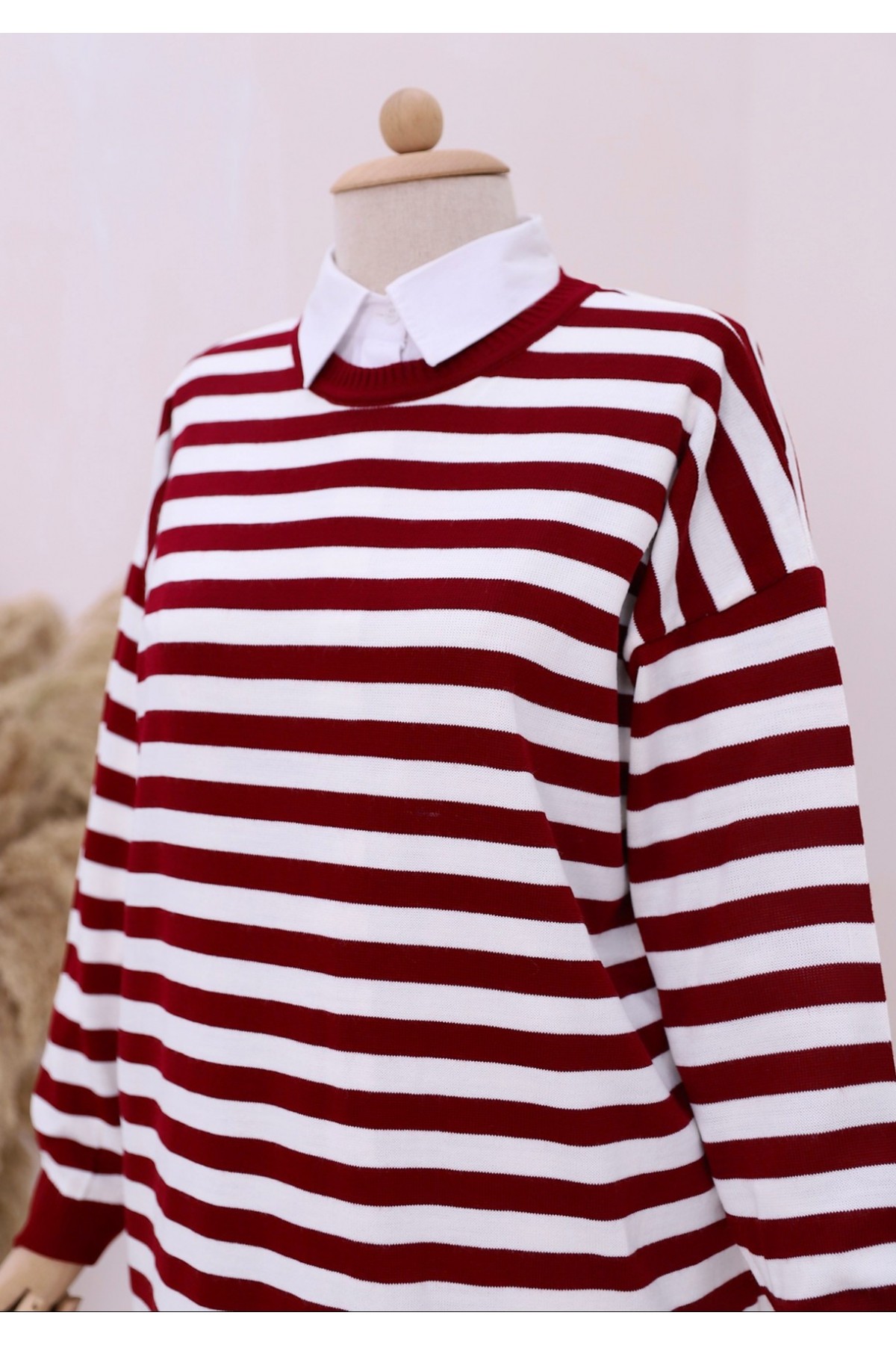 Yuvarlak Yaka Tesettür Salaş Triko Tunik -Bordo