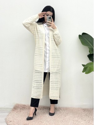 Ajurlu Desenli Uzun Hırka -Krem