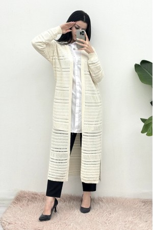 Ajurlu Desenli Uzun Hırka -Krem