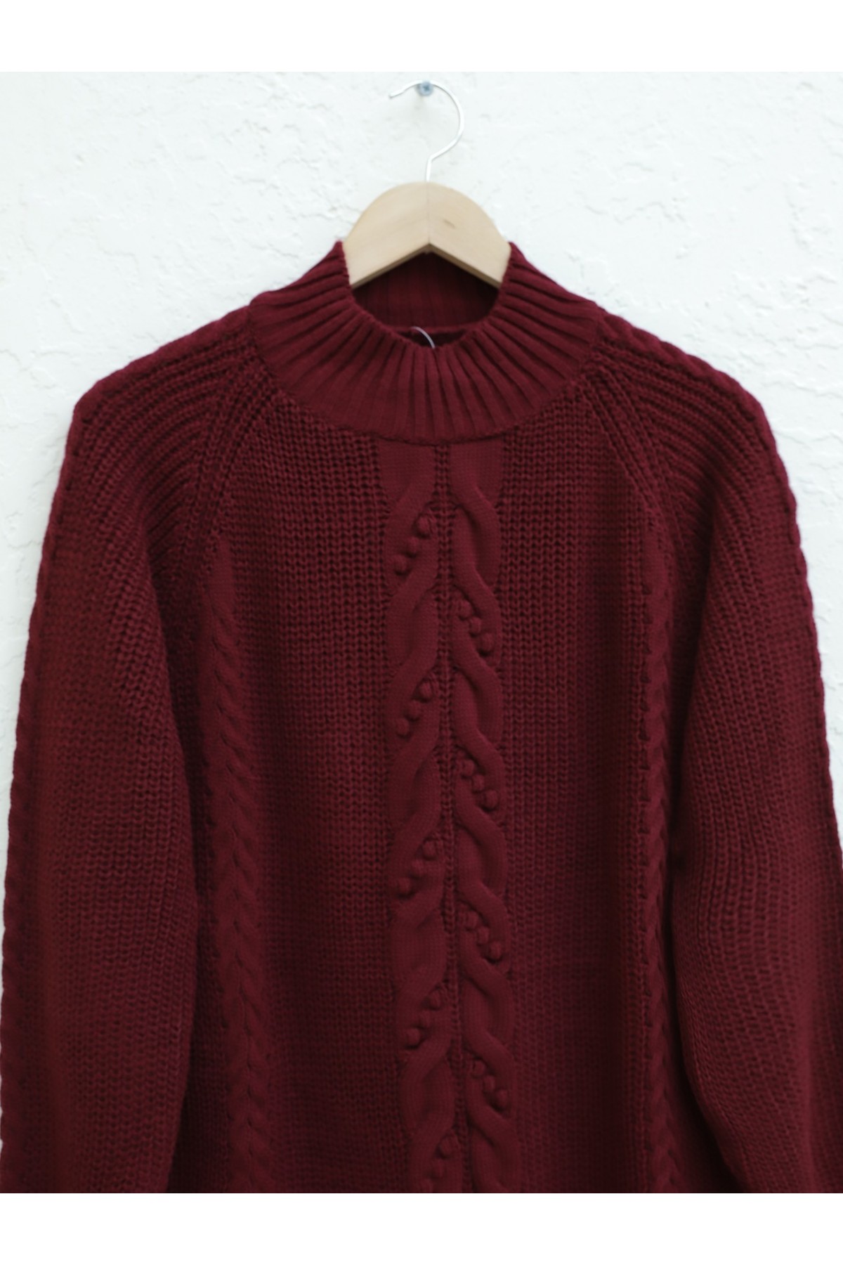 Saç Örgülü Ponponlu Triko Tunik -Bordo