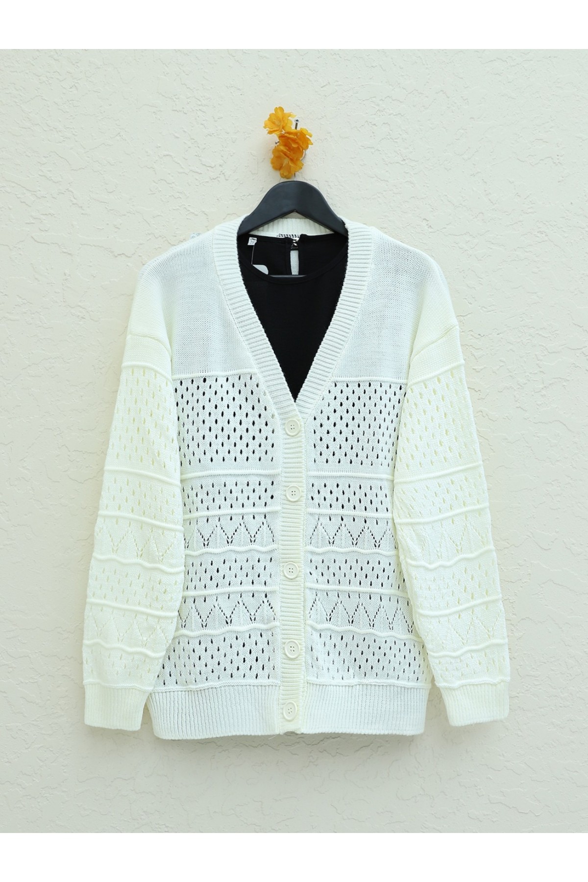 Patterned Buttoned Openwork Cardigan on Sleeves -White