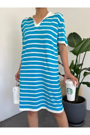Polo Yaka Çizgili Triko Mini Elbise -Mavi