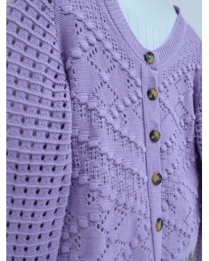 Openwork Embossed Bone Buttoned Knitted Cardigan -Lilac