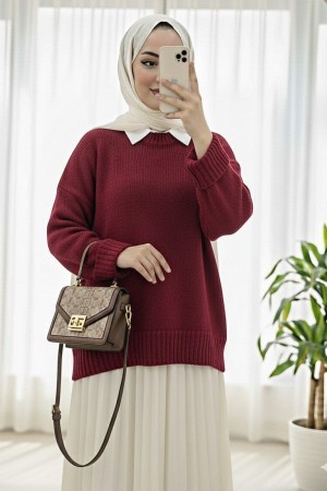 Crew Neck Skirted Ribbed Casual Knitwear Sweater -Maroon
