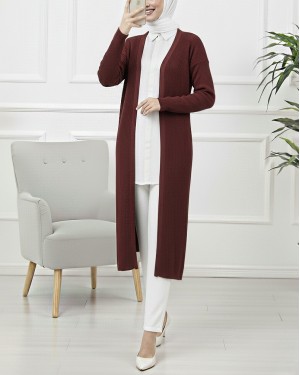 Long Knitted Cardigan with Side Slits  -Maroon