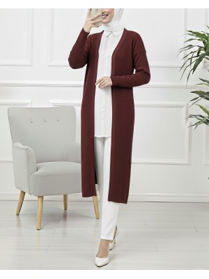 Yanları Yırtmaçlı Fitilli Uzun Triko Hırka  -Bordo