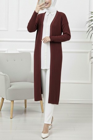 Yanları Yırtmaçlı Fitilli Uzun Triko Hırka  -Bordo
