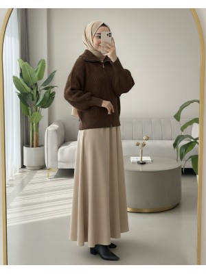 Yarım Boğazlı Fermuarlı Triko Hırka -Kahve