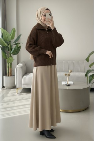 Yarım Boğazlı Fermuarlı Triko Hırka -Kahve