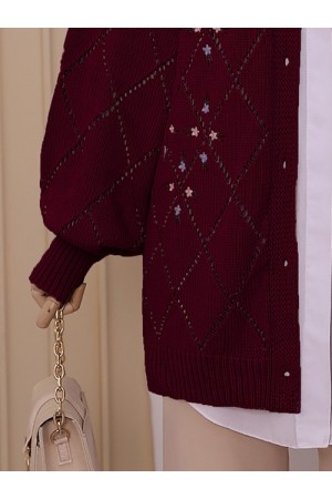 Ajurlu Çiçek Nakışlı Düğmeli Triko Hırka      -Bordo