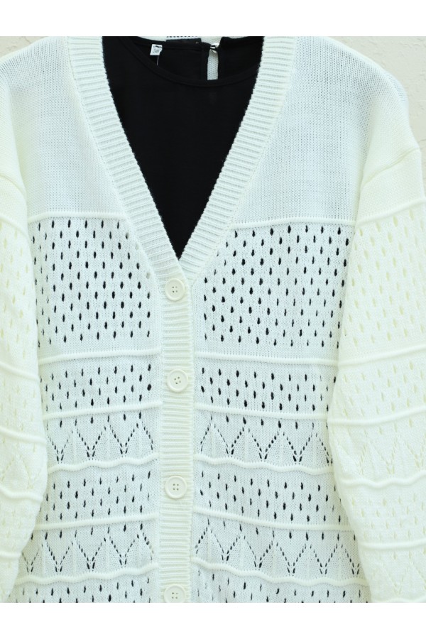 Patterned Buttoned Openwork Cardigan on Sleeves -White
