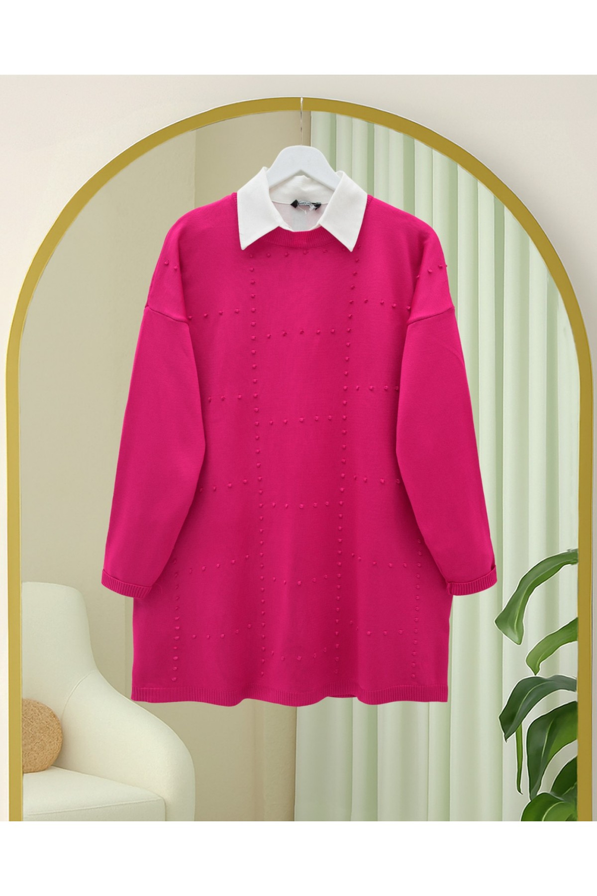 Round Neck Pompom Detailed Casual Knit Tunic -Fuchsia