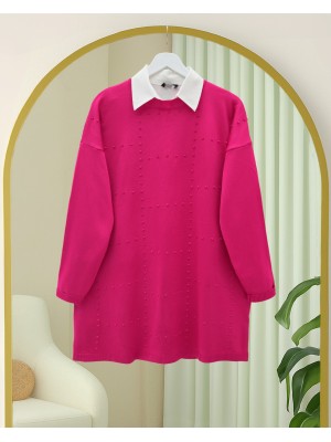 Yuvarlak Yaka Ponpon Detaylı Salaş Triko Tunik -Fuşya