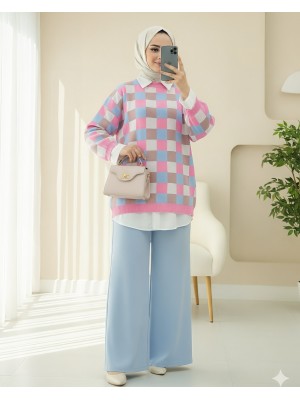 Renkli Kareli Balon Kol Bisiklet Yaka Triko Tunik -Pembe