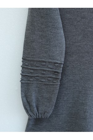 Kolu Lastikli Ponpon Detaylı Triko Elbise -Füme