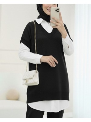 V Yaka Oversize Triko Süveter -Siyah