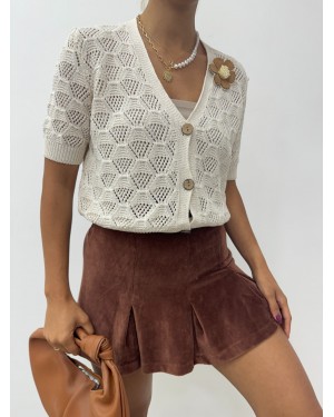 Openwork Knitted Cardigan with Flower Rosettes -Stone