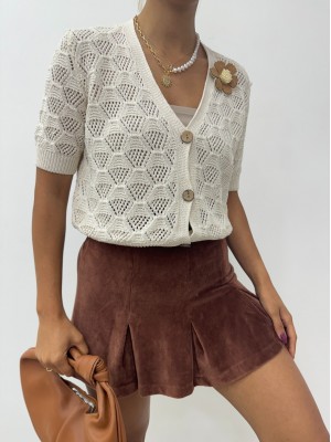 Openwork Knitted Cardigan with Flower Rosettes -Stone