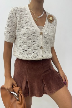 Openwork Knitted Cardigan with Flower Rosettes -Stone