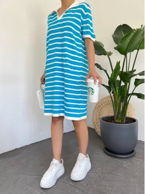 Polo Neck Striped Knitwear Mini Dress -Blue