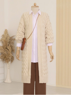 Saç Örgü Desen Uzun Hırka -Taş