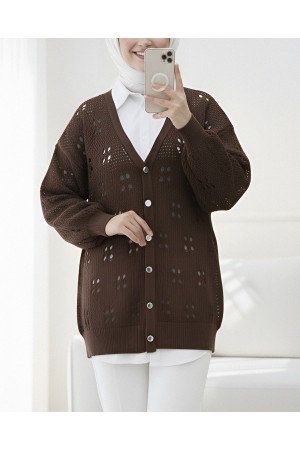 Buttoned Openwork Arabboy Knitwear Cardigan -Dark Coffee