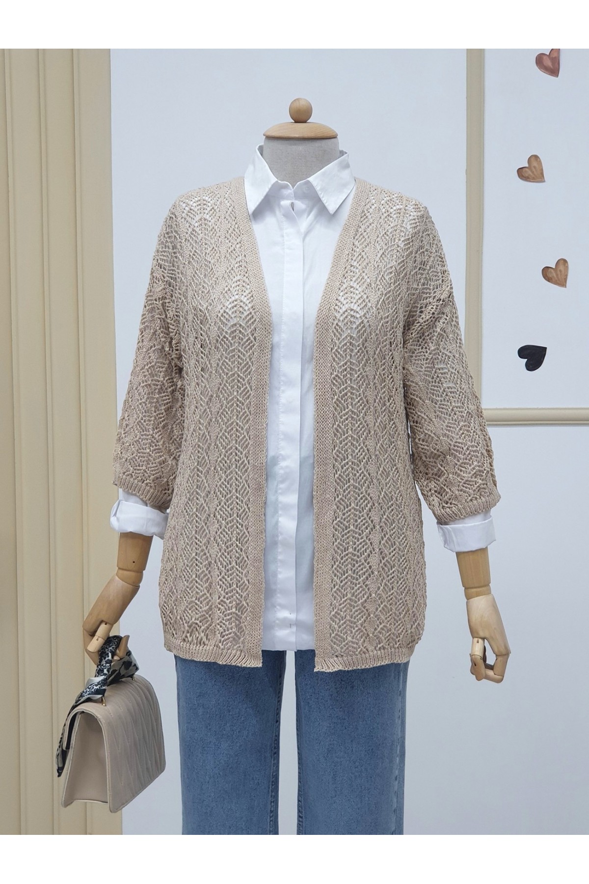 Half Sleeve Openwork Short Cardigan -Stone