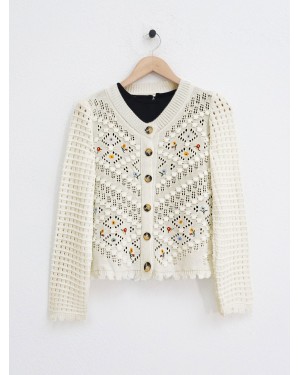 Çiçek Nakışlı Ponponlu Ajurlu Triko Hırka      -Krem