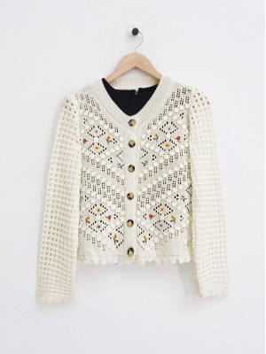 Çiçek Nakışlı Ponponlu Ajurlu Triko Hırka      -Krem