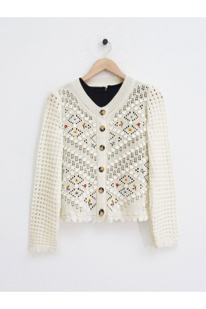 Çiçek Nakışlı Ponponlu Ajurlu Triko Hırka      -Krem