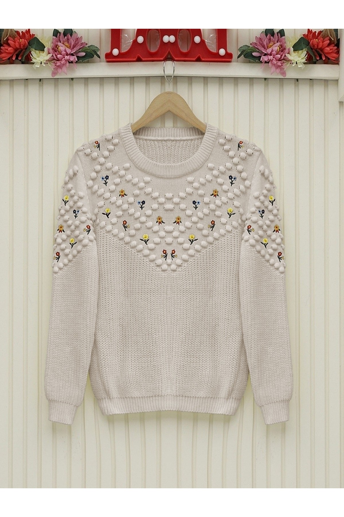 Pompom Floral Embroidered Round Neck Sweater  -Stone
