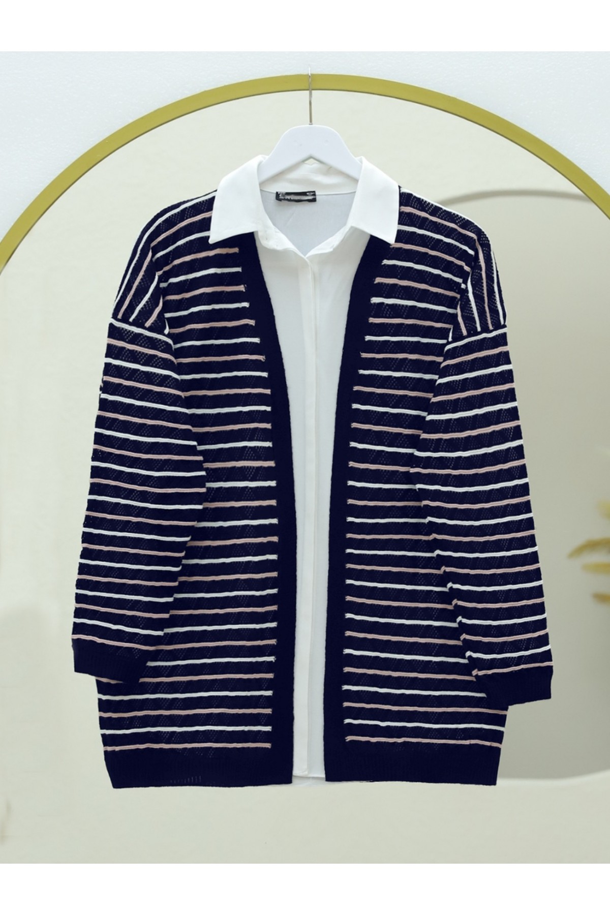Colorful Striped Mesh Knitted Cardigan -Navy blue