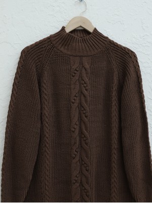 Saç Örgülü Ponponlu Triko Tunik -Kahve