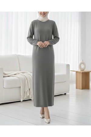 Kolu Lastikli Ponpon Detaylı Triko Elbise -Füme