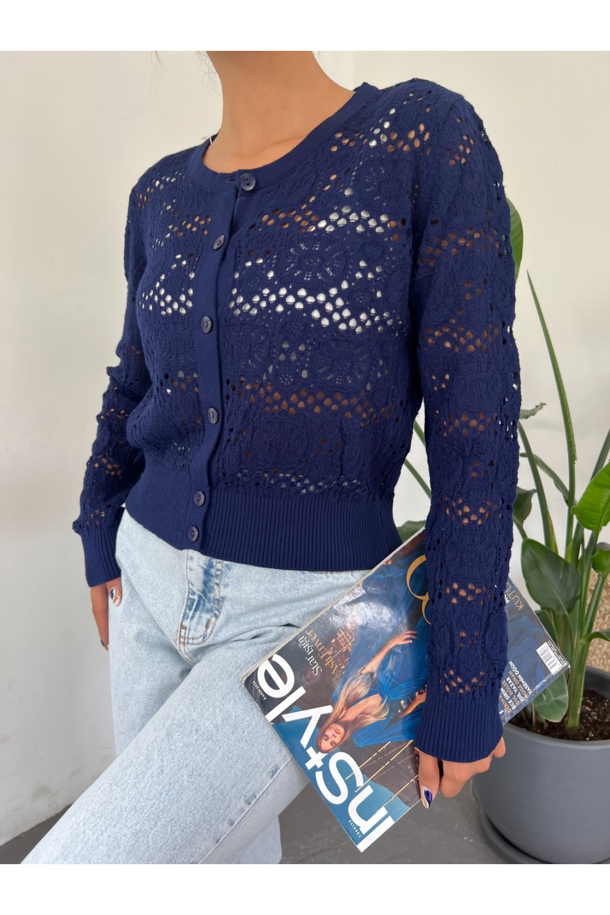 Openwork Seasonal Cardigan with Elastic Waist Button  -Navy blue