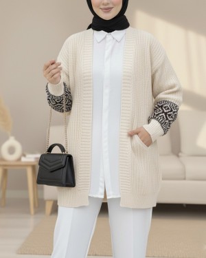 Patterned Sleeve Knitted Cardigan -Cream color