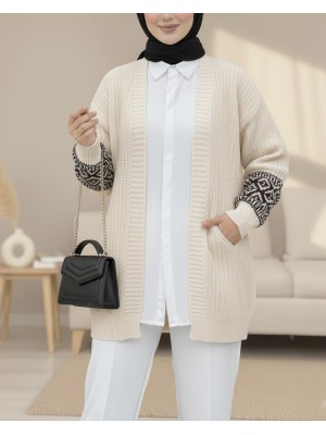 Kolları Desenli Triko Hırka -Krem