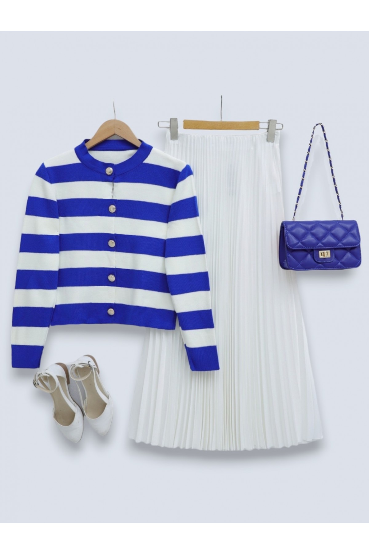 High Collar Striped Buttoned Knitted Cardigan -Saxe 
