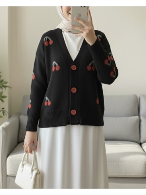 Kiraz Desen Kısa Hırka  -Siyah