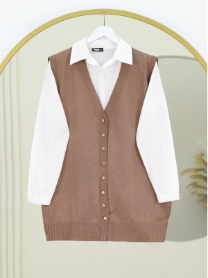 V Yaka Düğmeli Triko Yelek -Açık Kahve