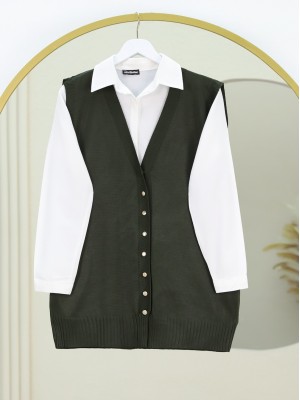 V Yaka Düğmeli Triko Yelek -Haki