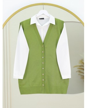 V Neck Buttoned Knit Vest -PISTACHIO GREEN