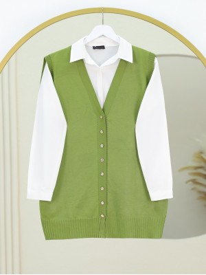 V Yaka Düğmeli Triko Yelek -F.Yeşili
