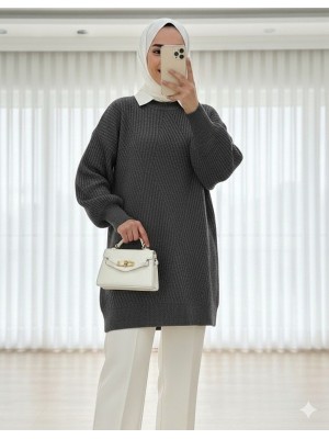 Bisiklet Yaka Baklava Desen Triko Kazak           -Füme